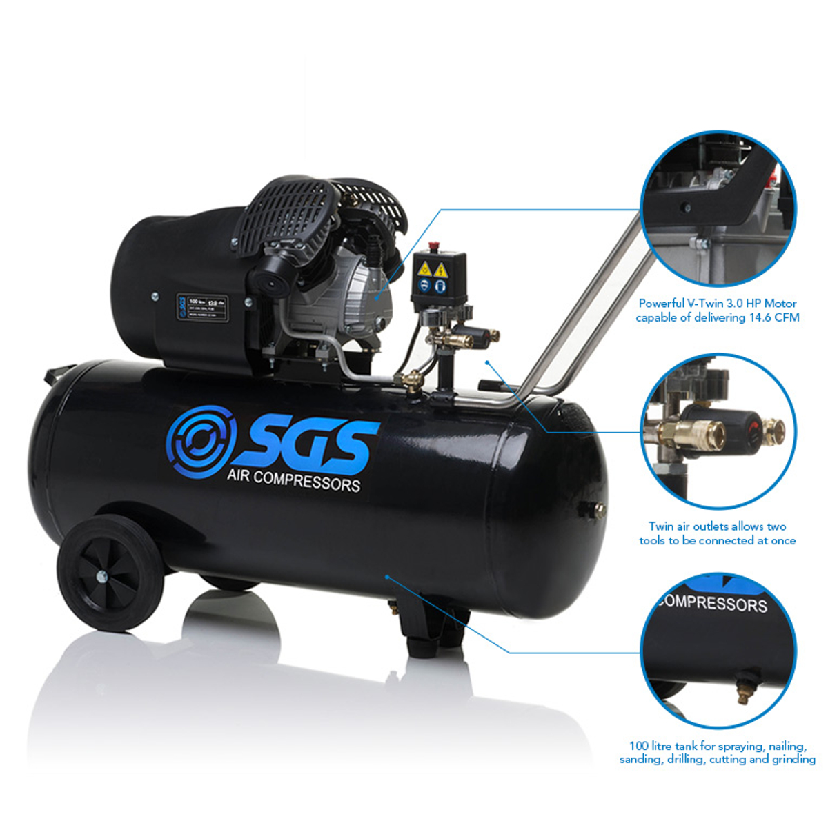 SGS 100 Litre Direct Drive Air Compressor & 71pcs Air Tool Kit - 13.8CFM 3.0HP 100L